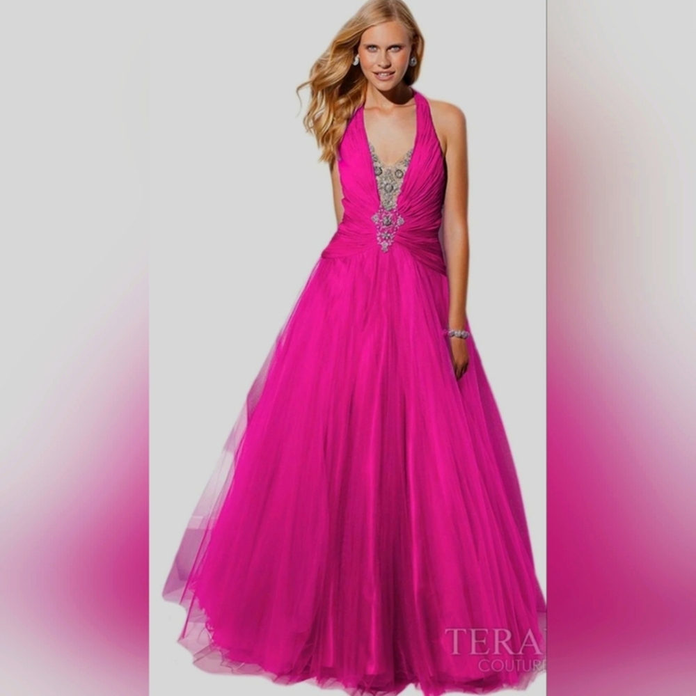 Terani Couture Fushia Halter Gown Dress S10 With Nude Push Up And Garment Bag